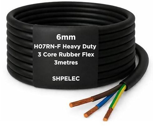 SHPELEC® H07RN-F Rubber Flexible Power & Control Cable 3 Core 6mm² – Heavy Duty Industrial Use for Outdoor & Workshop Applications – Oil, Water & UV Resistant (H07RN-F Rubber Cable 6mm, 3m)