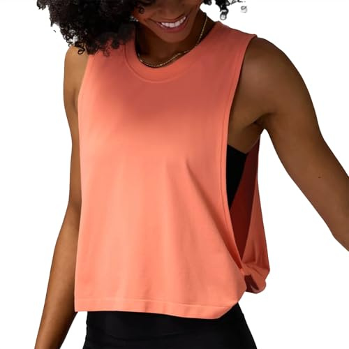 Camiseta de tirantes para mujer, para yoga, gimnasio, fitness, ajuste holgado, cuello redondo, sin mangas, detalles laterales, informal, cómoda, elástica, transpirable, suave, ligera, naranja, S