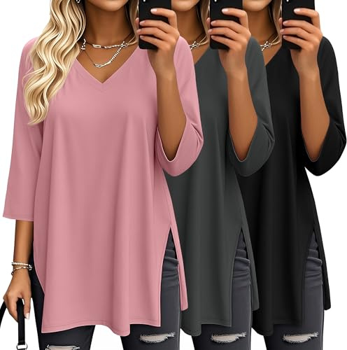 Suilung 3 Pack Womens Oversize 3/4 Sleeve V-Neck Tops | Side Split Tunic Tees, Loose Fit Shirts, Soft Breathable Clothing, Casual Workout Tops, Layering Outfit, Fall Fashion