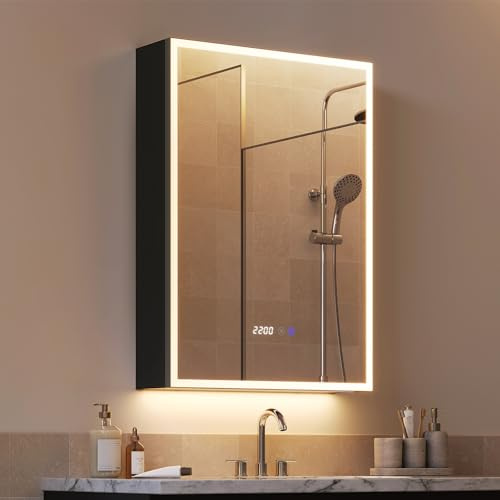 WOLTU Espejo de Baño con LED, Espejo con Espacio de Almacenamiento, Función Antivaho, Estantes Ajustables, Lupa de Aumento 3×, 1 Puerto USB, 1 Puerto Type-C, 2 Enchufes, 14,5×50×70 cm, Negro