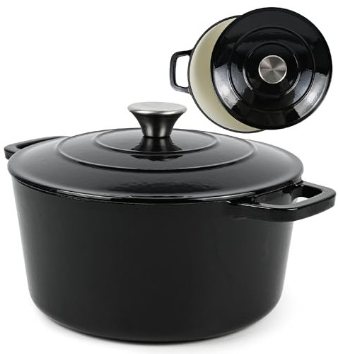 ANDREW JAMES Cast Iron 5L Round Casserole Dish with Lid – Enamel Coated Dutch Oven for Bread Baking, Stews, Roasting & Braising – Oven Proof Cast Iron Pan, No Seasoning Required (Black)