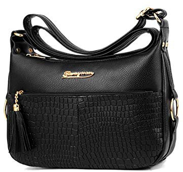 NOTAG Umhängetasche Damen PU leder Schultertasche Mehrfach-Taschen Handtasche Umhängetasche Sporttasche mit Quaste (Schwarz)