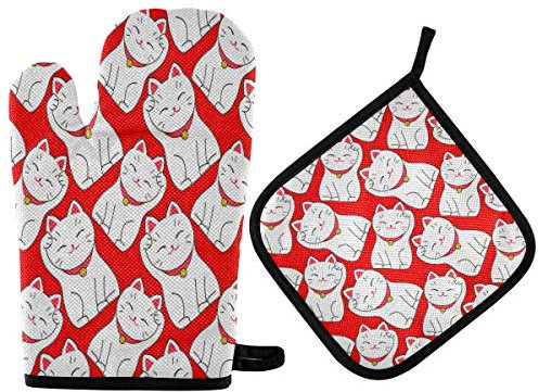 TropicalLife Hajie Japan Lucky Rich Fat Cat - Juego de manoplas para horno (resistente al calor)