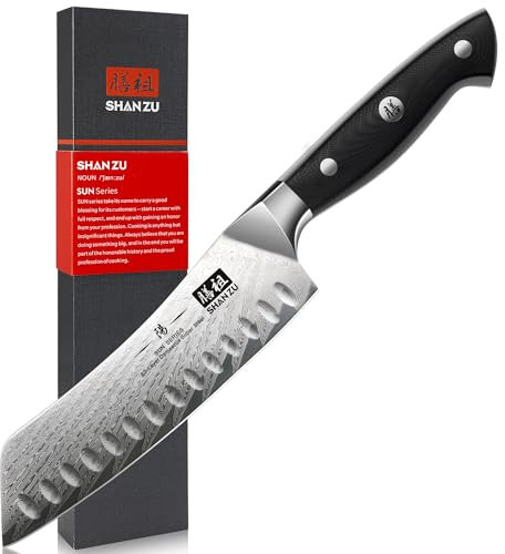 SHAN ZU Couteau Santoku Japonais 18cm, Couteau de Cuisine Damas en Acier (AUS-10), Poignée Ergonomique G10 pour Coupe Viande, Légumes, Fruits - SUN Series
