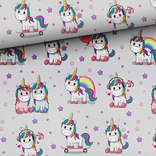 50x150cm Einhorn Stoff aus 100% Baumwolle – Mädchen Kinderstoffe - Stoffe zum Nähen für Kinder & Baby - Premium Baumwollstoff mit Regenbogen Einhörner Sterne - grau rosa gelb lila - keine Meterware
