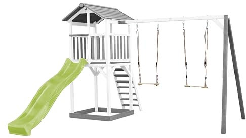 AXI Beach Tower Wooden Play Tower in Grey and White | Play tower with sandpit, Double Swing Set and lime green slide | Play house on stilts for the garden
