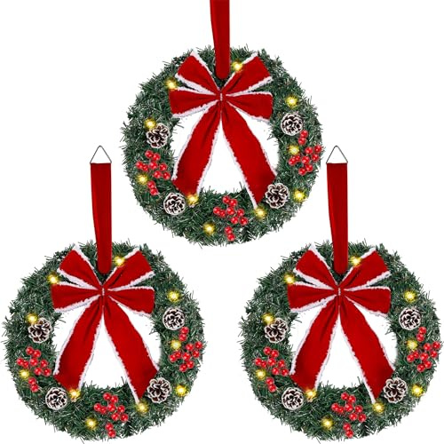 Hausse Juego de 3 Coronas de Navidad, Guirnalda de Navidad Artificial Iluminada con Gran Arco Rojo y Adornos, Decoración Navideña, Funciona con Pilas con Luces LED, para Puerta de Entrada