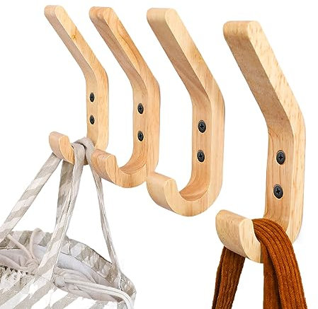 WJUAN Porte-manteau Mural en Bois Massif (4 Pièces) - Crochets Design en Chêne Poli à Main - Support 10kg - Pour Cuisine, Chambre & Salle de Bain