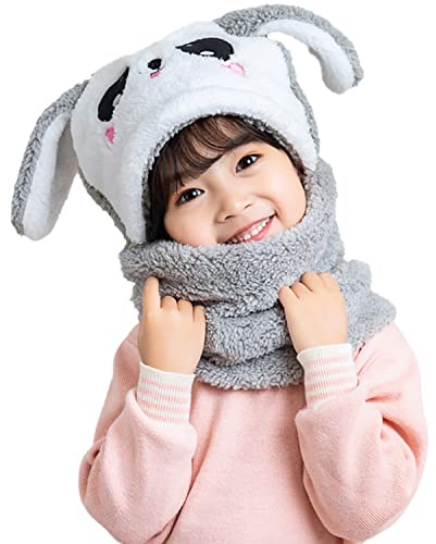 Rayson 2 in 1 Bambino Cappello Sciarpe Invernali Cappellini Ragazzo e Ragazze Berretti Passamontagna Bambini Caldo e Carino Peluche Coniglio Bavaglino Cappuccio（Grigio）