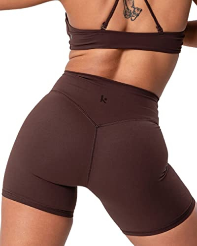 Kamo Fitness Serenity - Pantalones cortos de cintura alta, entrepierna de 15 cm, sin costura frontal, aptos para muslos y glúteos en V, pantalones cortos de ciclista para mujer, Marrón (Java Brown), S