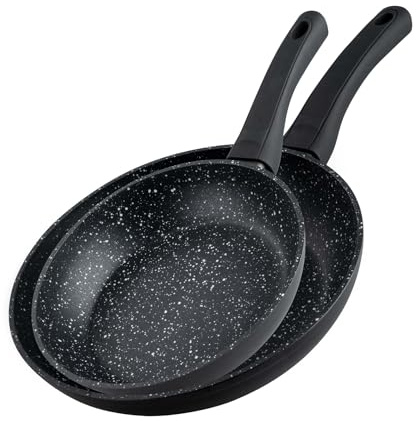 Fackelmann Juego de sartenes Marble de 20 cm y 24 cm, antiadherentes de aluminio 90% reciclado con mango de plástico ergonómico, sartén de inducción para cocinar y freír