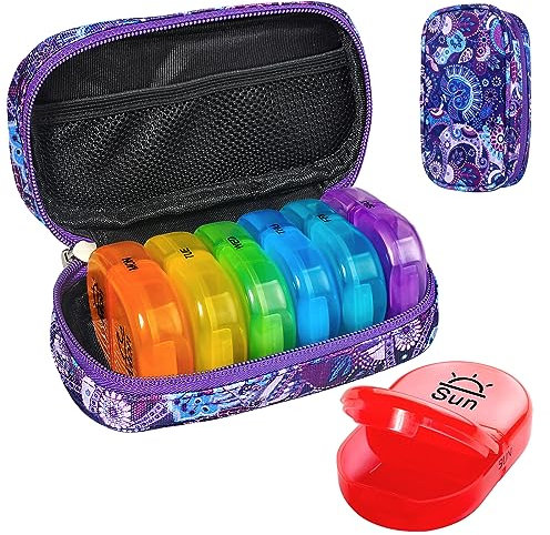 Serfeymi Pill Boxes 7 Day 2 Times a Day AM PM Medicine Organiser Weekly Tablet Organiser Rainbow Pill Box with Portable Zipper Canvas Pill Case for Pills, Supplement, Fish Oils, Vitamin- Purple 01