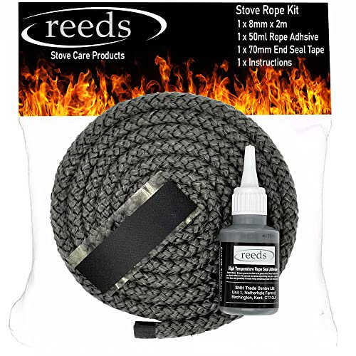Reeds Black Stove Rope Kit 8mm with Large 50ml Reeds Adhesive - Flues Glass Door Seals Wood Burning Replacement Made in The UK (8mm Kit)