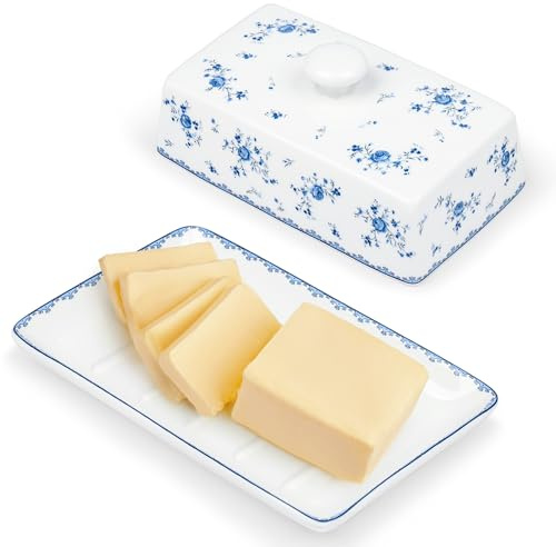 Fanquare Burriera in Ceramica a Fiori Blu con Coperchio e Manico per 250 g di Burro, Grande Burriera in Porcellana, Alta Qualità