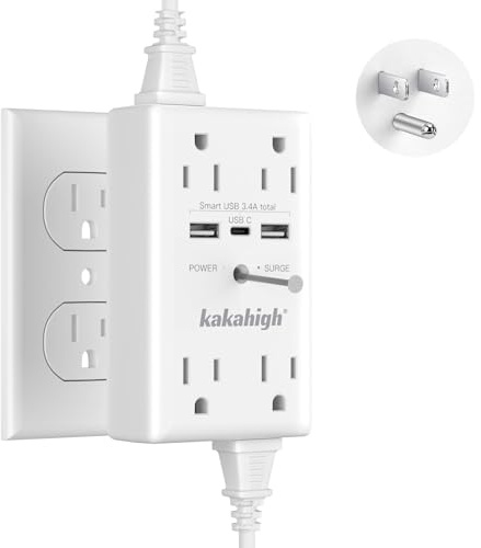 Wall Outlet Extender with Screw, 8 Way Outlets with 1680J Surge Protected, Multi Plug Wall Outlet with USB Ports, LED Indicator, 1875W Wall Mounted Surge Protectors for Dorm Room Office Kitchen
