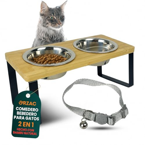 ORZAC® Comedero Elevado para Gatos con 2 Cuencos INOX 400 ml – Bambú Natural Antivuelco – Plato Gato Ergonómico Que Mejora Postura y Digestión + Collar de Regalo