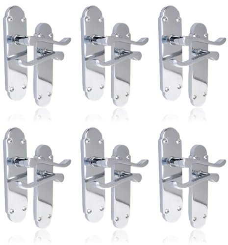 Epsom Door Handle Polished Chrome Scroll Door Handle Sets – 6 Pack Victorian Lever Handles with 170mm x 42mm Backplate | Internal and External Door Handle Set for Home Office and DIY Projects