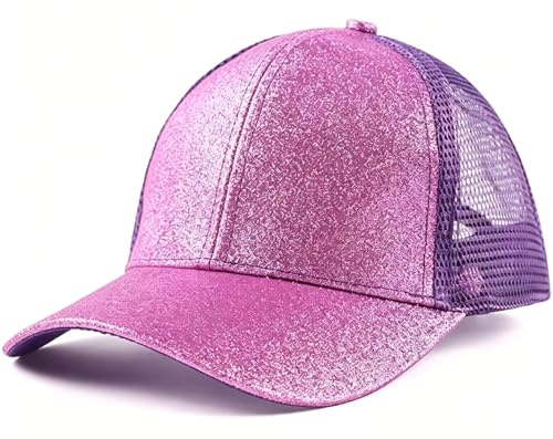 Rockreyoa Berretto da baseball, da baseball per bambini, con glitter, in rete, lucido, con coda di cavallo, regolabile, estivo, da baseball, per attività all'aperto, Lilla, Taglia unica
