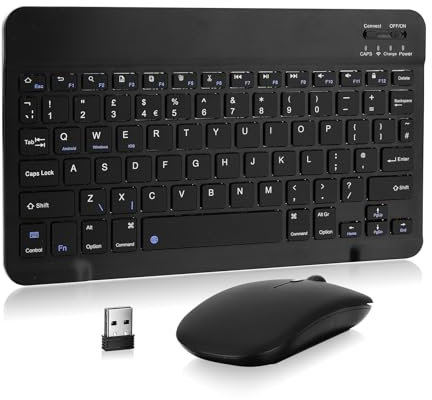 MAYPHY Wireless Mini Keyboard Mouse Combo, Portable Bluetooth Keyboard, 2.4G /BT Dual Mode for iPad, Tablets, Laptops, Silent Keys & Compact Design, UK Layout, Black