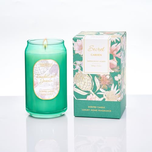M&SENSE 300 g sojaljusljus, sandelträ, jasmin – 60 timmar lång brinnande, giftfri glasburk, lila ljus, aromaterapi för avkoppling, lyxig födelsedag/mors dag gåvor för kvinnor