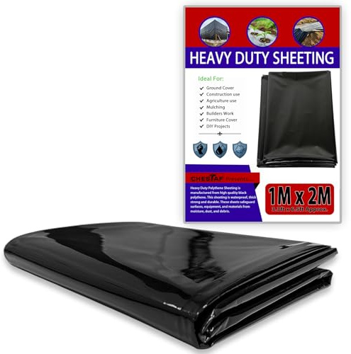CHESTAF 1M X 2M Black Plastic Sheeting Heavy Duty, 180G Thick Polythene Sheeting Garden Grow, Dust Sheet Waterproof Outdoor Cover, Large Construction Gardening Insulation, Building Rubble Protection
