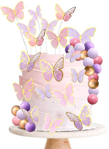 Decoración de Pastel Mariposa, 47 PCS Decoracion Tartas Cumpleaños, Adornos para Tartas de Mariposa, Decoración Tarta de Bolas para Cumpleaños, Fiestas, Bodas y Baby Showers (A)