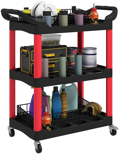 HOMCOM Carro de Taller Carro de Herramientas con 3 Estantes Ruedas y Asas para Garaje Mecánico Hogar Carga 91 kg Rojo y Negro