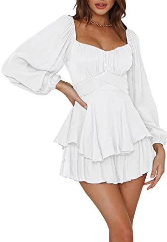 Womens Off The Shoulder Summer Dresses Square Neck Smocked Ruffle Romper Y2k A Line Swing Fairy Short Dresses (D-White, XL)