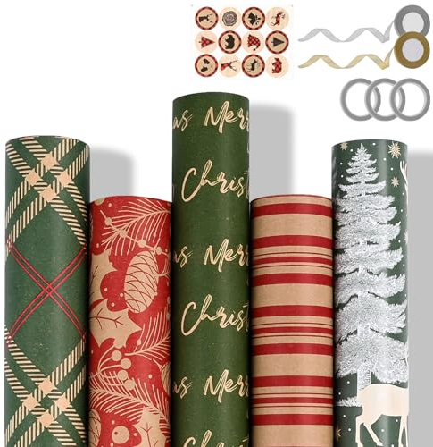 Ambesty 5 Rollo Papel Regalo Navidad, 43x300 CM Papel de Regalo Navidad con Etiqueta, Cuerda Kraft Resistente Reciclado Para Decoración Navideños, Cumpleaños y Decoración Navideñapapel de regalo (01)