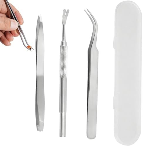 YSHODGU Extractor de garrapatas de acero inoxidable, 3 unidades, juego de herramientas para eliminar garrapatas, juego de ganchos para garrapatas con pinzas para eliminar garrapatas, pinzas para