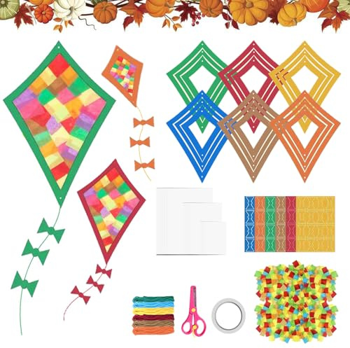 WZBBJuser 18 Pezzi Manualidades de Otoño Para Niños, Kit Manualidades Niños, Con 18 Efecto de Vidrio de Colores Cometas Decoración Ventana, Juego de Decoración de Otoño, Para AccióN de Gracias