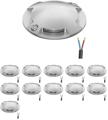 ledscom.de 12 LED Lámpara de suelo, baliza de señalización RUNDA para exteriores, IP67, 4 llamas, aluminio, redonda, 70mm Ø, blanco cálido