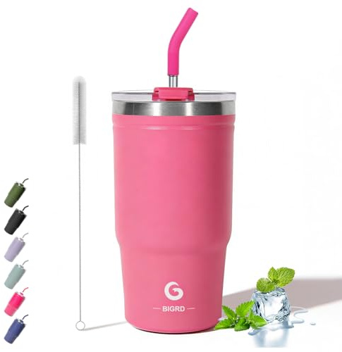 BIGRD 20oz Tazza termica caffe con cannuccia 591ml,Termos caffè acciaio inox senza BPA,Bicchiere termico a doppia parete sottovuoto,Polvere di rosa