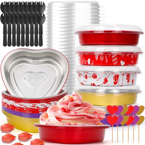 MAPVOLUT 30-Pack 23OZ Heavy-Duty Aluminum Heart Cake Pans with Lids, 8-Inch Disposable Heart Shaped Molds for Cupcakes, Cakes, Desserts, Valentine’s Day Essentials, Red, Gold, Purple