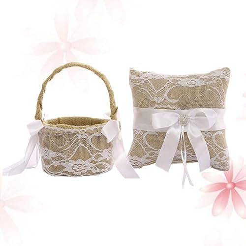 VALICLUD Conjunto de Lino para Boda Cojín para Anillos y Cesta Decorativa Beige Lazo de Encaje, Diseño Elegante y Tacto Cómodo para Ceremonia Nupcial