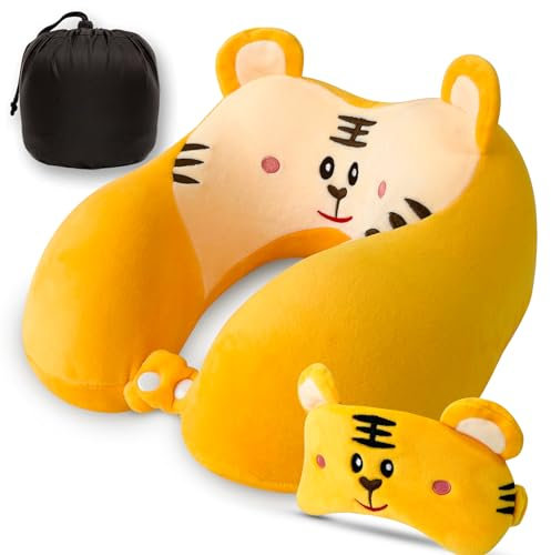 GLITZFAS Memory Foam Reisekissen Kinder Nackenkissen Niedliche Tierform Nackenhörnchen Kopfstütze Baby Reise Schlafkissen mit Augenabdeckung Aufbewahrungstasche (Tiger)