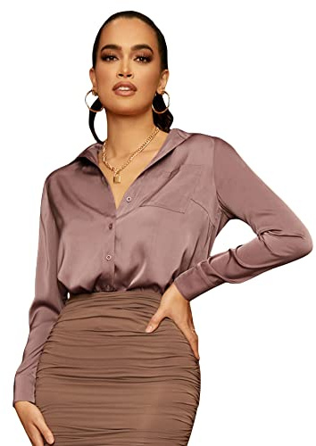 Floerns Women's Satin Long Sleeve Button Up Blouse Work Office Silky Shirts Tops A Pink M