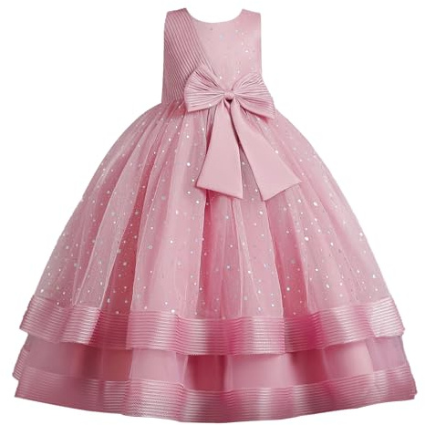 YOSICIL Enfant Déguisements pour Filles de Princesse Robe Tulle Maxi Paillettes Broderie Fête Anniversaire Noël Halloween Sirène Cosplay Cérémonie Soiree Robe de Première Communion,Rose,140