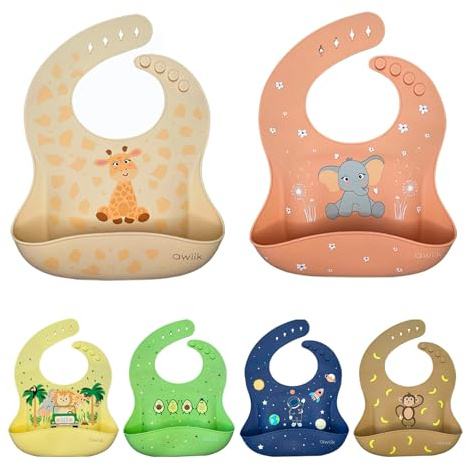 AWIIK 2 Stück extra weiches Silikon-Lätzchen für Babys, Mädchen und Jungen. Lätzchen mit Tasche. In 4 Größen verstellbar. Ergonomisch. Regenjacke. Mit Lebensmittelsammler.
