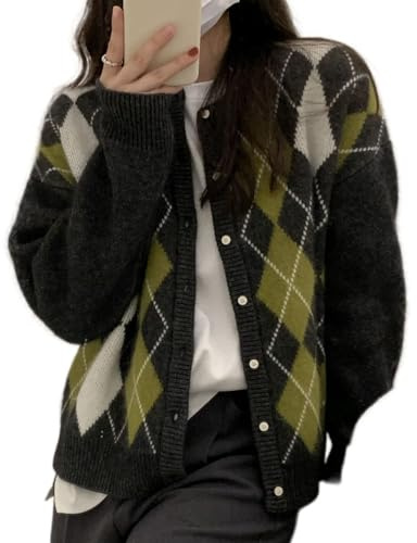 Trendy Fall Sweater for Women 2025, Grunge Argyle, Checked, Neat, Y2K, E-Girl, Cardigan, Chunky Knit, Vintage, Grandpa Sweater, A Black, L
