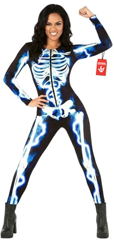 Morph Deguisement Squelette Femme, Costume Halloween Femme | Combinaison Intégrale Imprimée Squelette Détaillée, Rendu d'Ossature, Parfait pour Halloween, Idéal pour se Déguiser