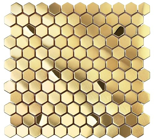 Primoon Hexagon Gold Backsplash Tile, Mosaic Sheets 12''x12'' Mesh Mounted Golden 1 Inch, Brushed Shiny Gold Tiles for Kitchen Bathroom Shower Wall Floor Accent Tile Hotel Lobby Décor【5 Sheets】