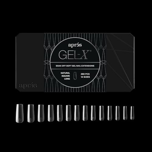 Apres Gel-X® Square Box of Nail Tips | 280 Soft Gel Tips, 14 Sizes 00-9 | Half-sizes Included (Natural Square Long, 280 Count)
