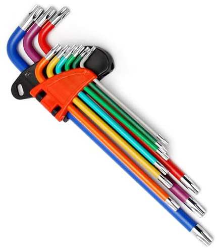 Mriuuod Juego de 9 llaves Torx, juego de llaves métricas de estrella de brazo largo T10-T50, juego de llaves L con soporte de almacenamiento codificado por colores para reparación de bicicletas,