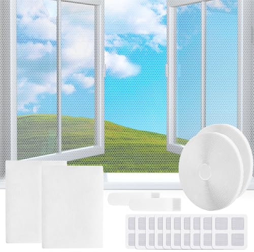 Lot de 2 Moustiquaire Fenetre, 150x130cm Moustiquaire pour Fenêtre, DIY Autocollant, Réglable en Taille, Sans Perçage, Installation Facile, avec 2 Adhésifs et 10 Patchs de Réparation(Blanc)