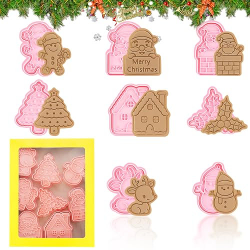 8 Stück Keksausstecher Weihnachten, 3D Ausstechformen Weihnachten, 3D Plätzchen Ausstecher, Keksstempel 3D Weihnachten, Ausstechformen mit Stempel, für Fondant und Kekse, Kekse Backen Küche Zubehör
