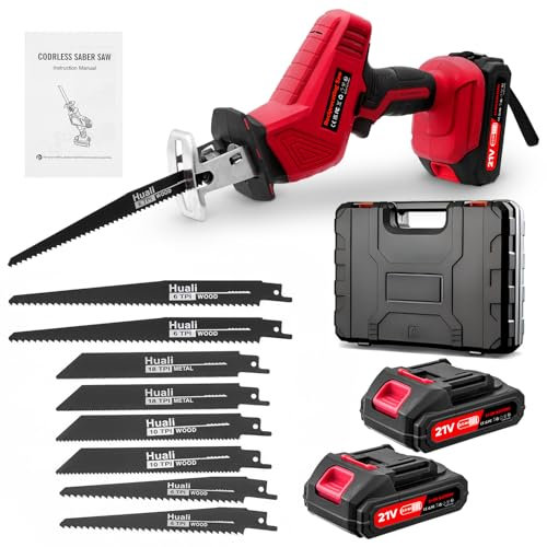 Ankishi Red Reciprocating Saw with 8 Saw Blades, DC 21V Cordless Reciprocating Saw with 2x2000mAh Battery, 0-4000 RPM Variable Speed Electric Saw for Wood, Plastic and Metal Cutting