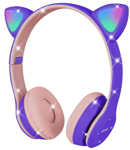 AXFEE Auriculares Inalámbricos para Niños, Auriculares con Orejas de Gato con Micrófono/Luces LED, Auriculares Plegables P47 para Niños, para Móvil/Tableta, Regalo de Cumpleaños/Navidad (Púrpura)