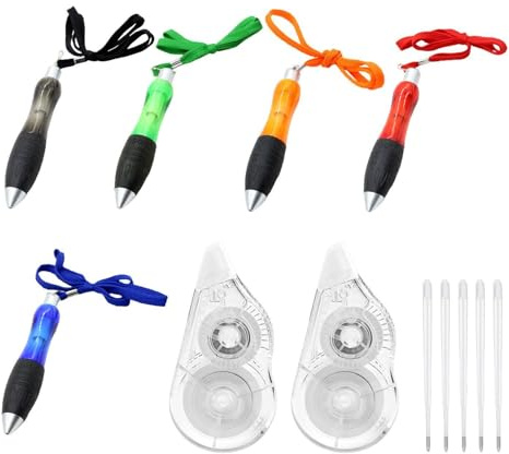 5-Piece Ballpoint Pens with Lanyard, with 5-Piece Refills and 2-Piece Correction Straps, Press Ballpoint Pens, Study and Office Supplies, Writing Instruments