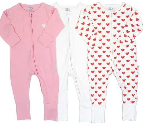 AdoraCub 3-pack babyblixtlås sovdräkter, ekologisk bomull | vit, rosa med kärlekshjärta och vitt täckt av underbara röda hjärtan | Mjuk, bekväm, andningsbar | nyfödd storlek till 2 år | Inslagen i